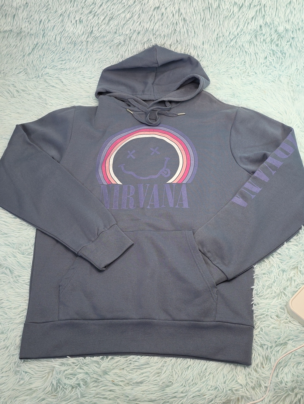Nirvana Charcoal Gray Rainbow Smiley Face Pullover Hoodie Size M